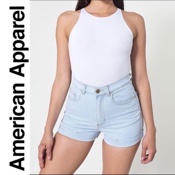American Apparel High Waisted Striped Denim Jean Shorts Size 24 Light Blue Retro - Picture 4 of 15